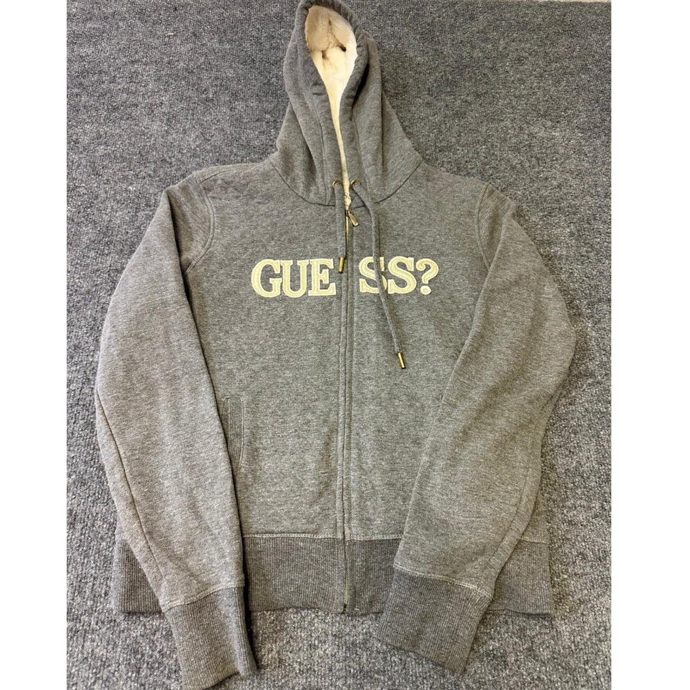 Guess Hoodie Womens Size L Grey Faux Fur Lined Full Zip Embroidered Logo Casual